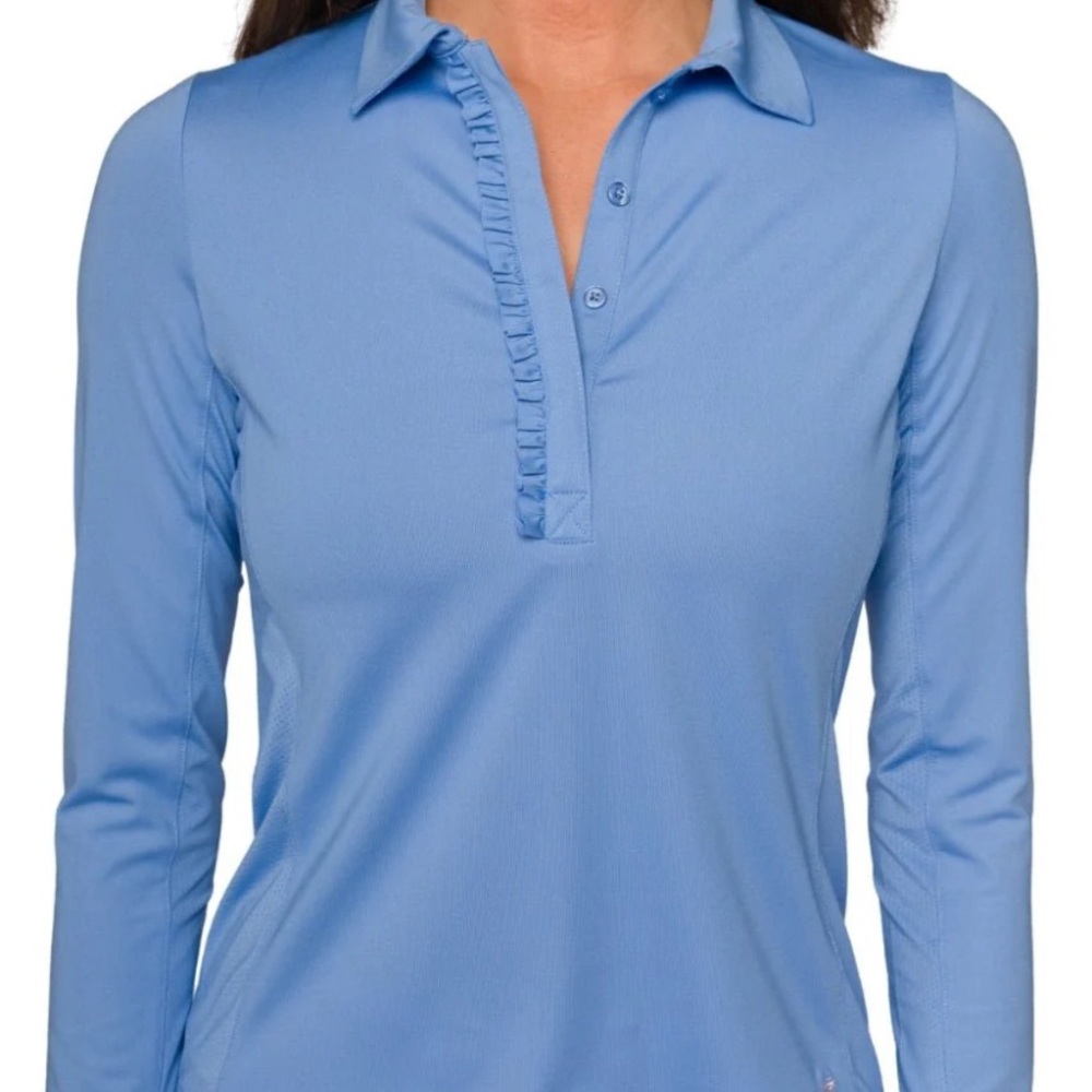 Golftini, Ruffle polo . Stylish Blue Button Down Shirt